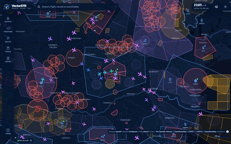 VectorEFB live traffic map over Romania with airspace