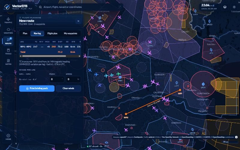 VectorEFB full nav log with a route drawn on the map