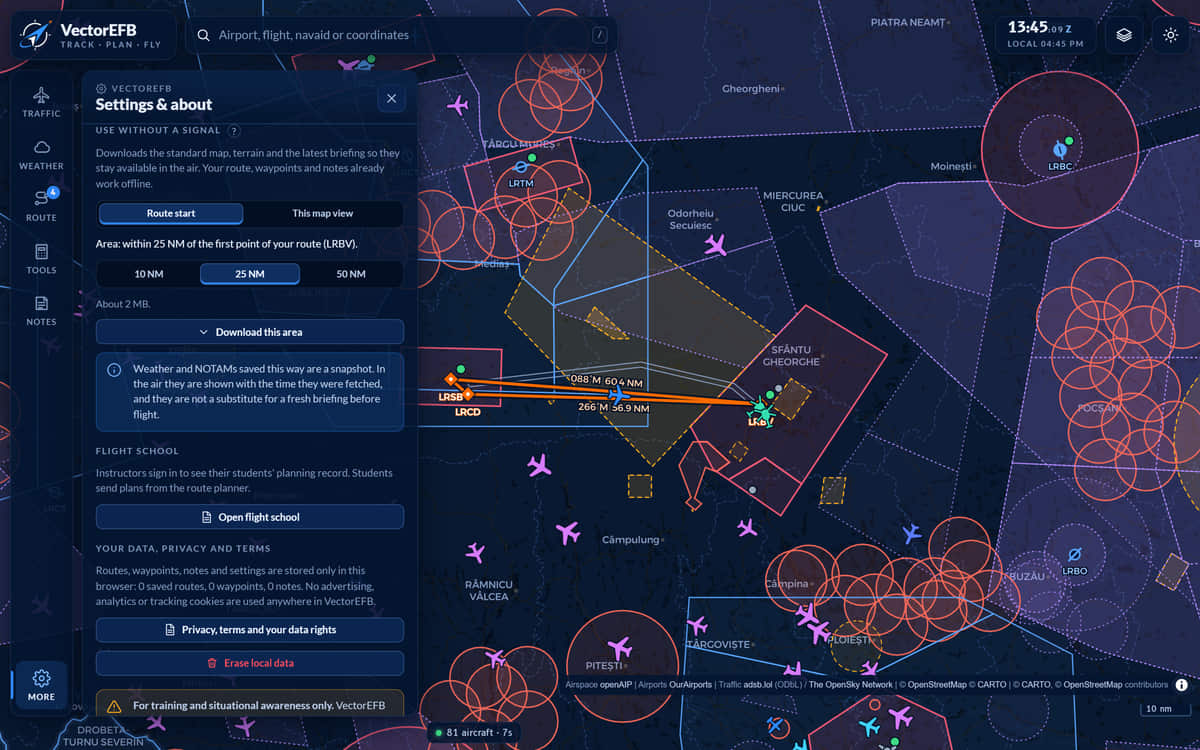 Secțiunea Use without a signal din panoul de setări. Un selector oferă Route start sau This map view și trei dimensiuni de zonă, 10, 25 și 50 de mile marine, cu 25 selectat și o estimare de aproximativ 2 megaocteți deasupra butonului Download this area.