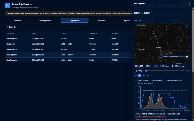VectorEFB flight replay: track, altitude vs plan and terrain